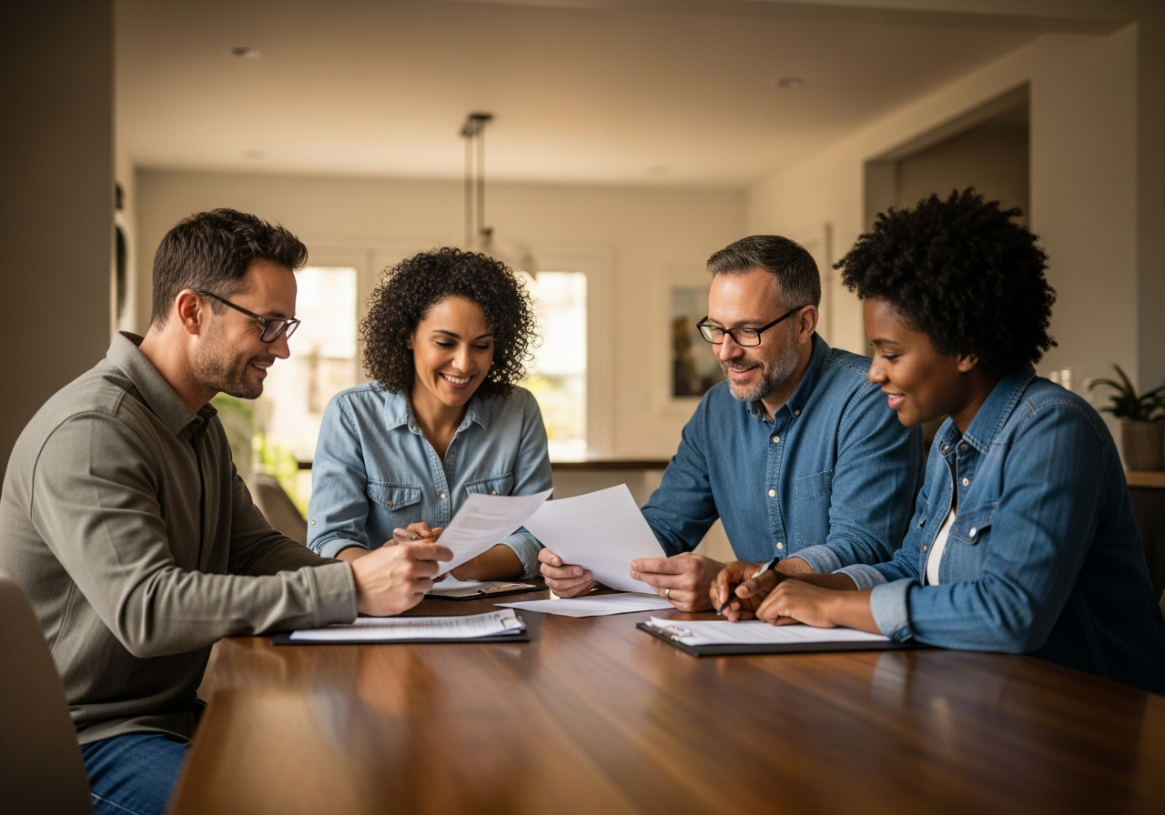 Family sitting together reviewing financial documents at home
