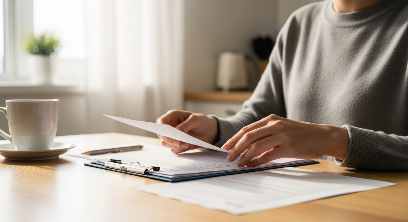 Person carefully reviewing immigration paperwork at a kitchen table