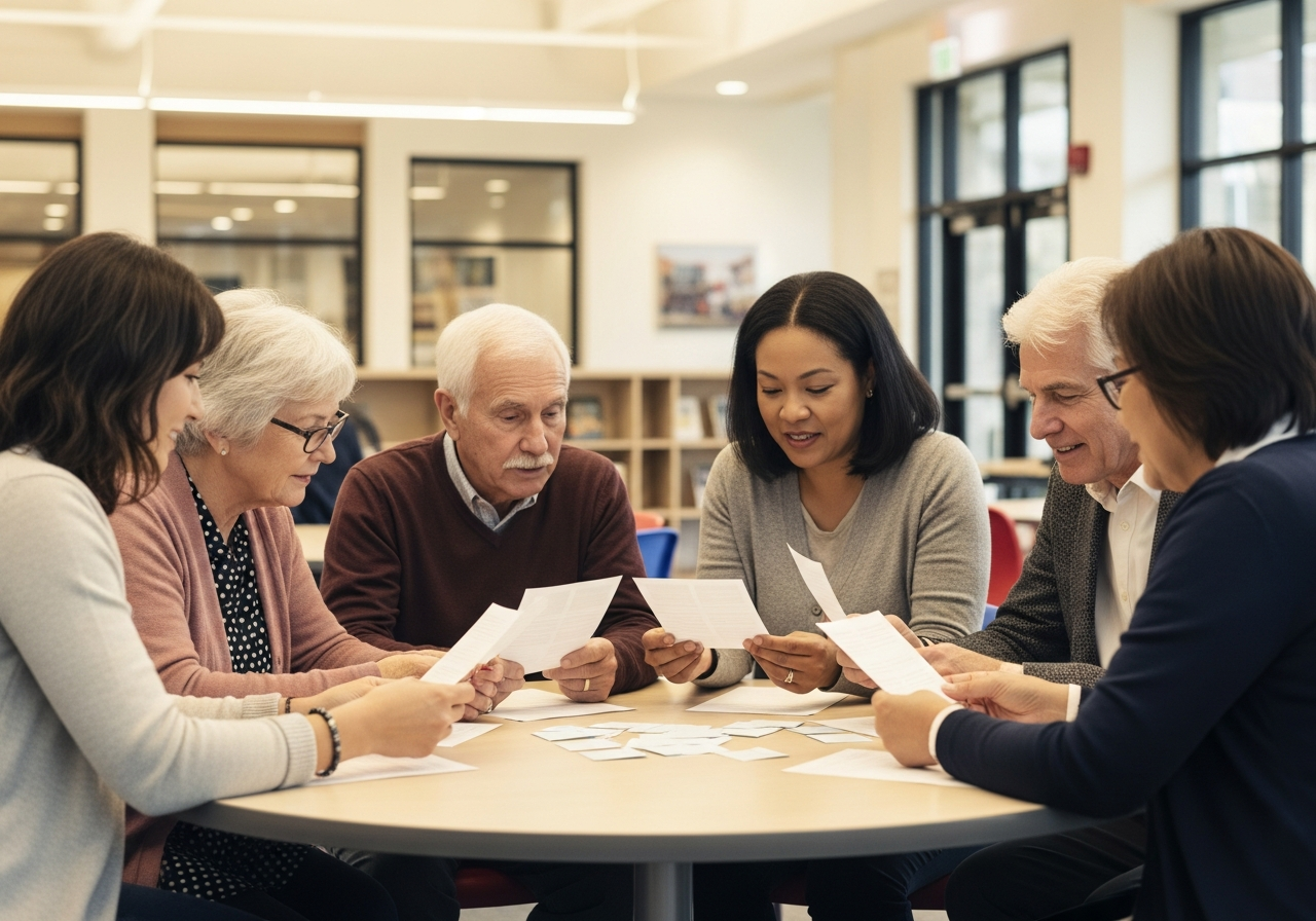 Diverse group of adults reviewing flashcards together at a community table