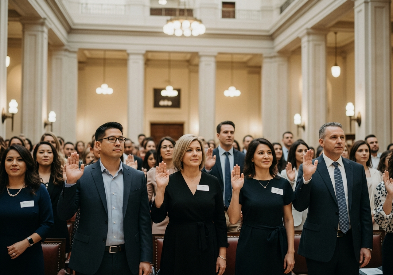 Newly naturalized citizens in a ceremonial hall, expressions of joy and pride