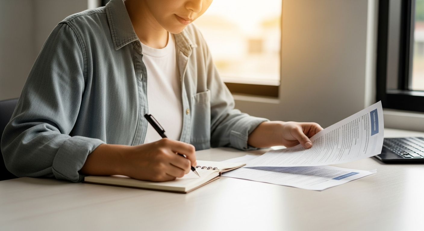 Person studying at a bright desk with open books and printed study materials