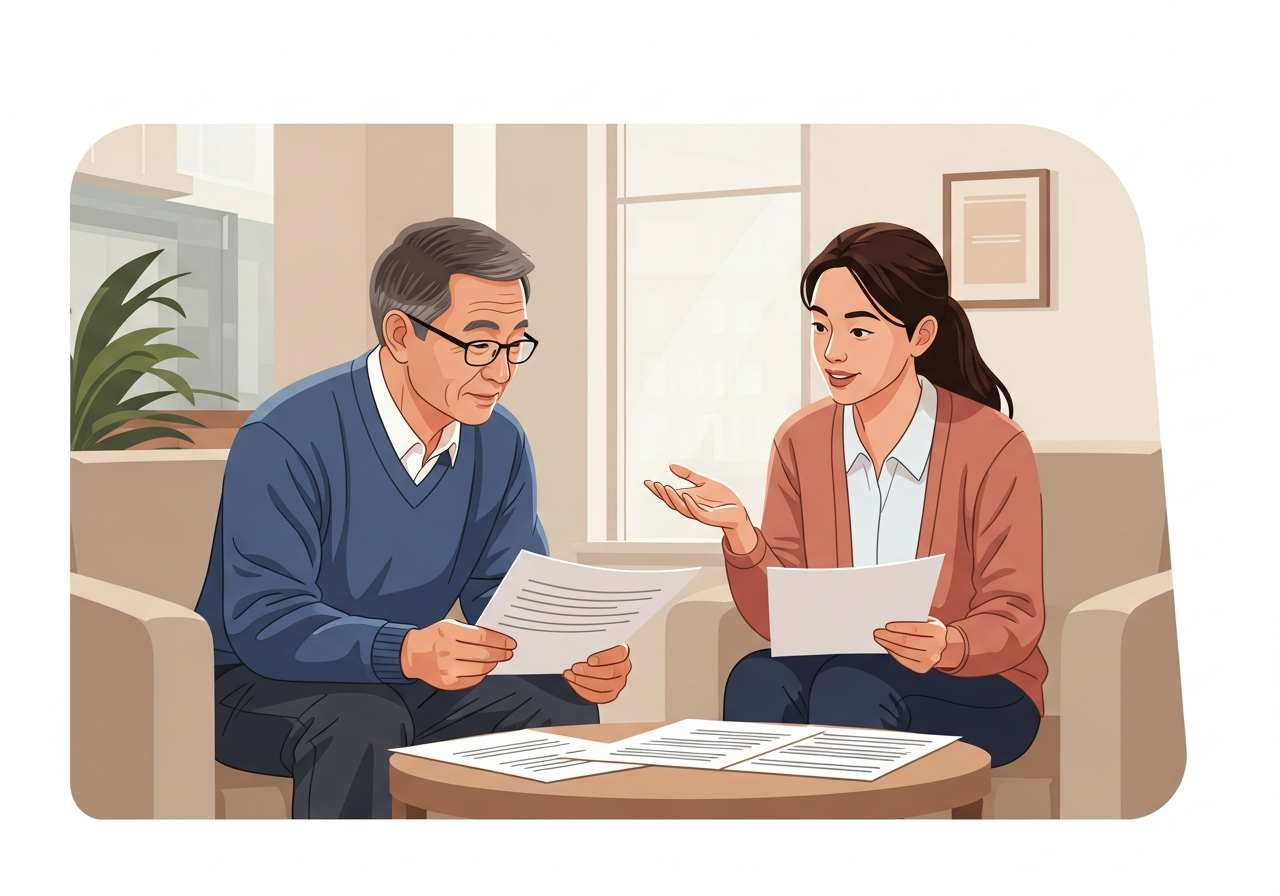 Two adults reviewing immigration documents together across a table, one translating for the other