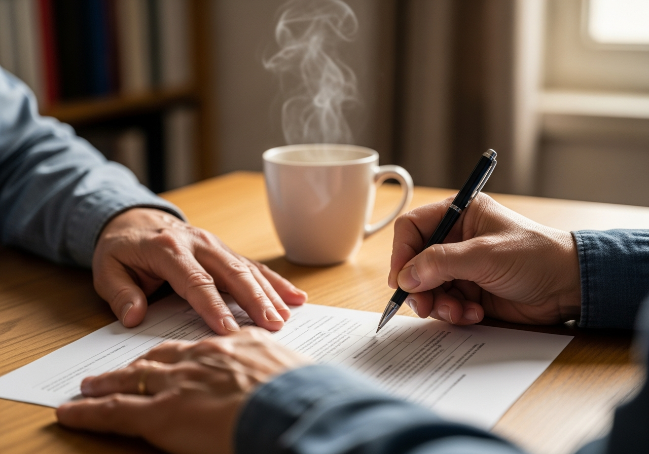 Person filling out a government form carefully at a desk with a cup of tea nearby