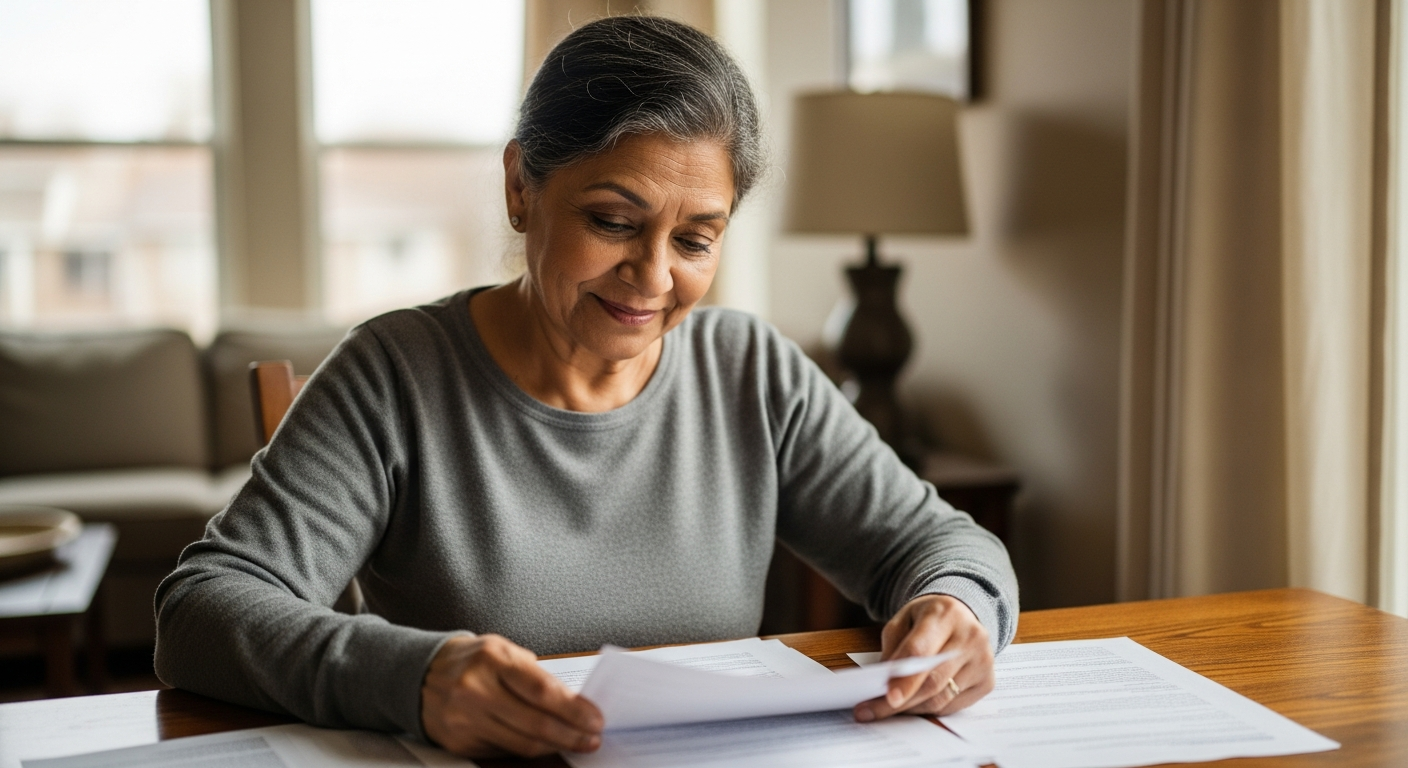 Older immigrant woman studying citizenship materials at a kitchen table, looking calm and hopeful