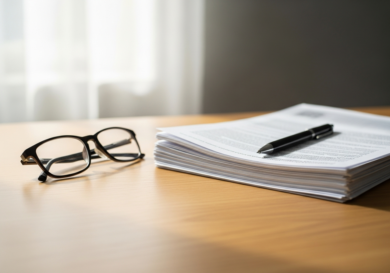 Stack of official financial documents and a pen on a clean desk