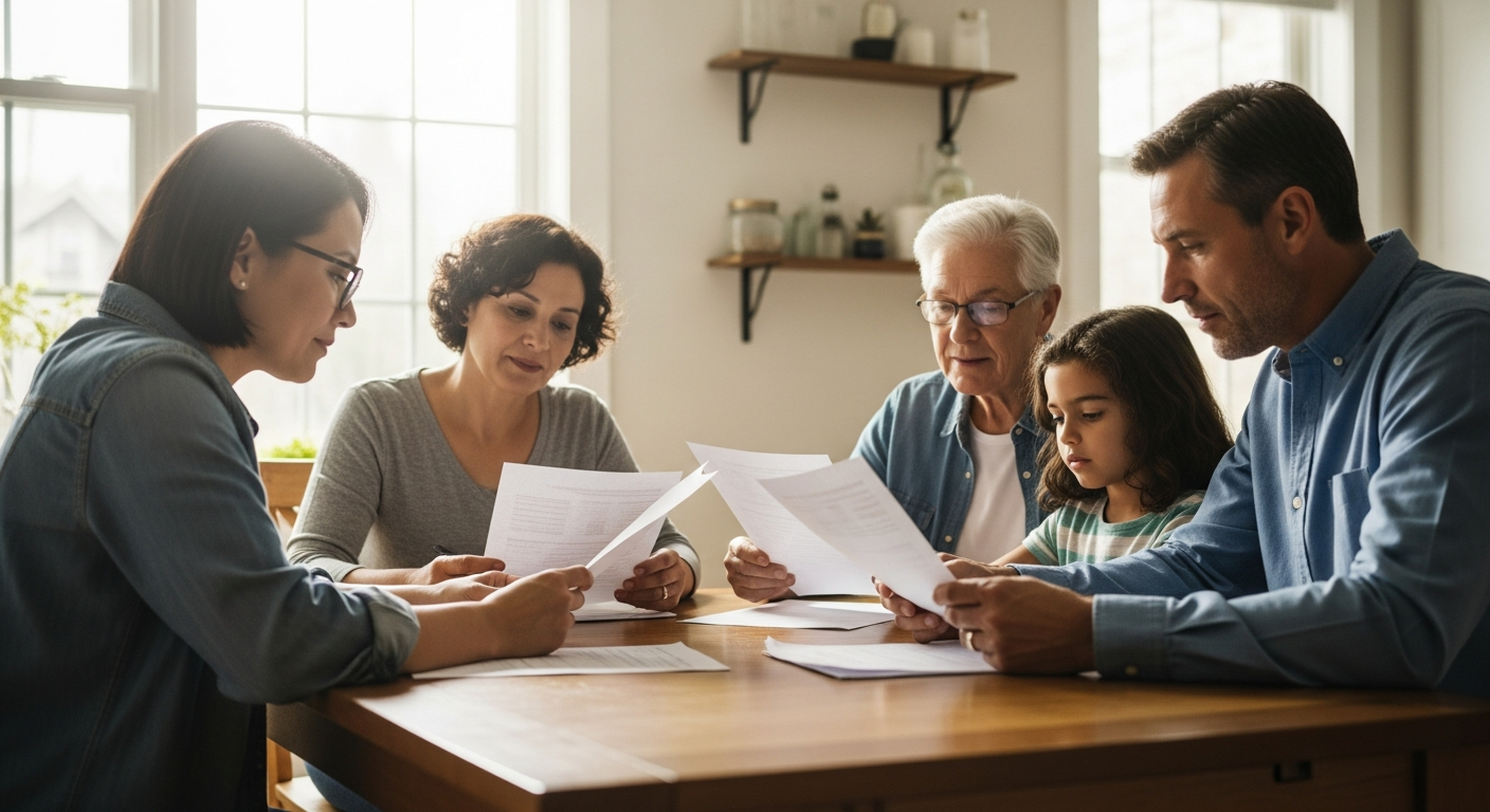 Diverse family reviewing immigration documents at a kitchen table with natural light