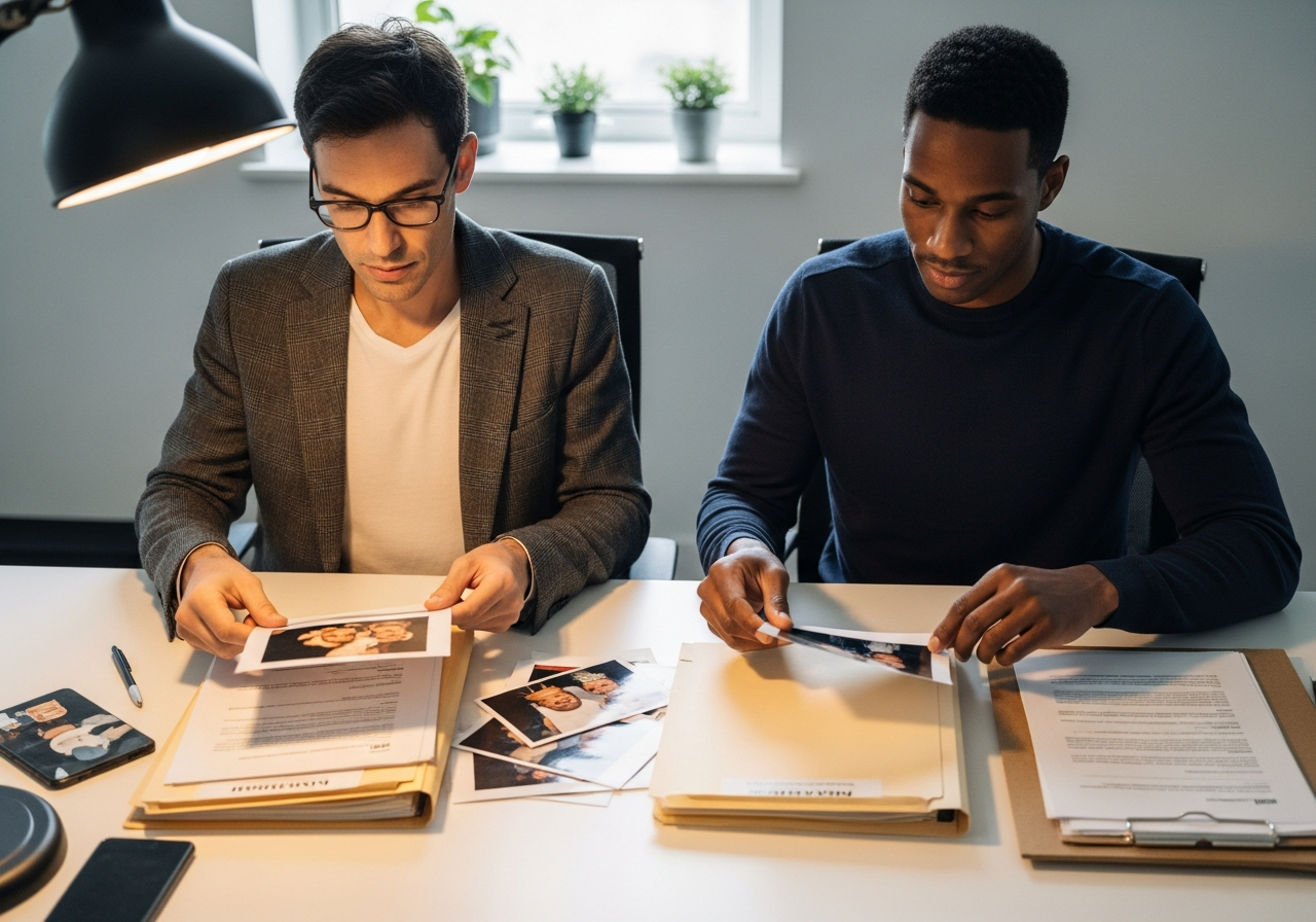 Diverse couple organizing documents and photographs into labeled folders