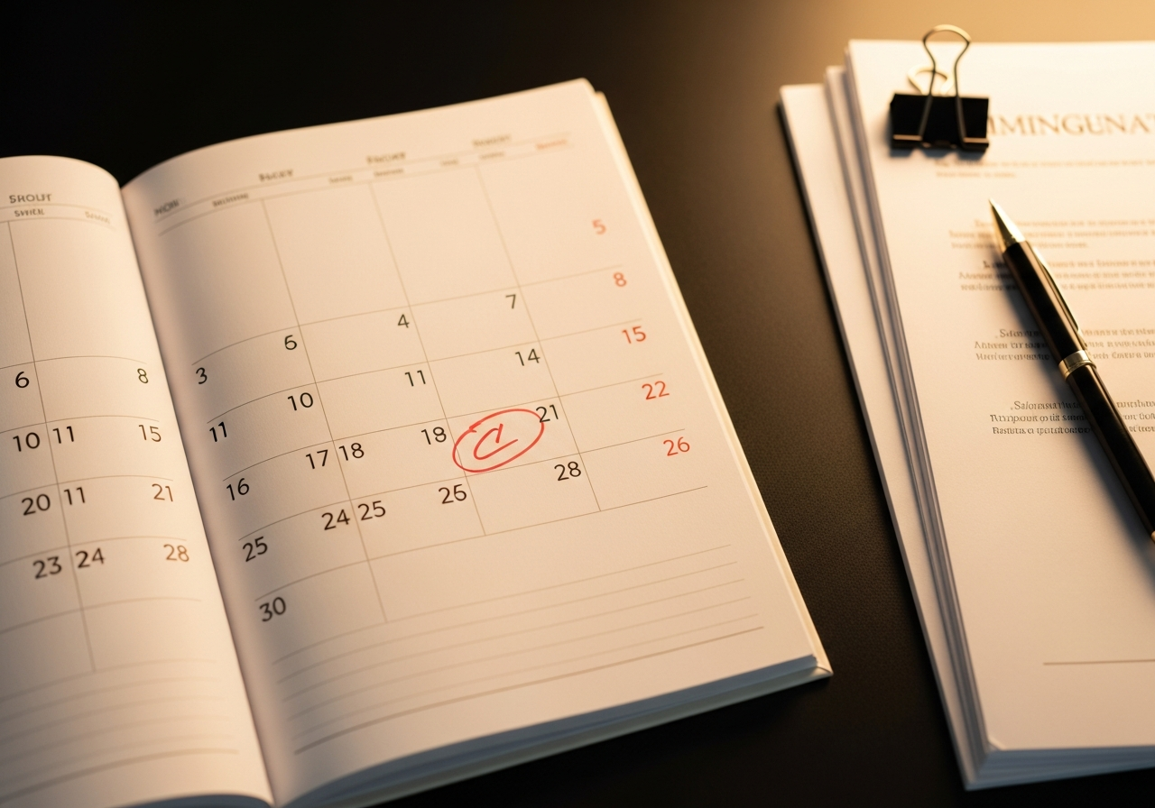 Close-up of a calendar with an important date circled and documents nearby