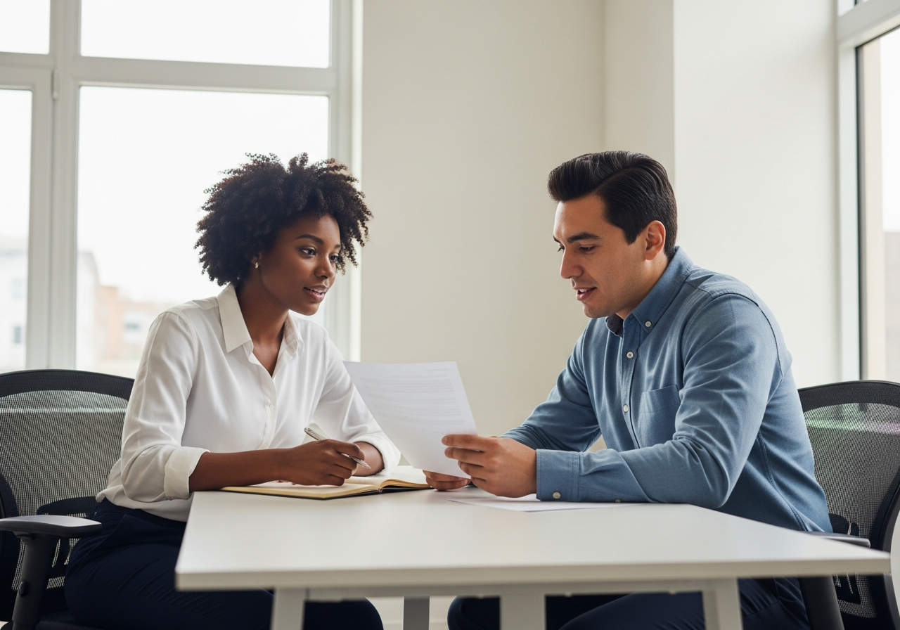Two people of diverse backgrounds discussing paperwork in a bright professional office
