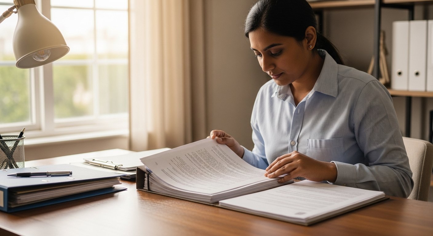 Person carefully reviewing official documents at a well-organized desk