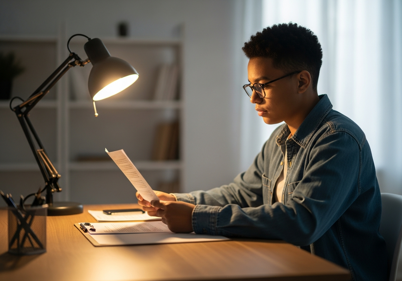 Person carefully reading an official government notice at a desk