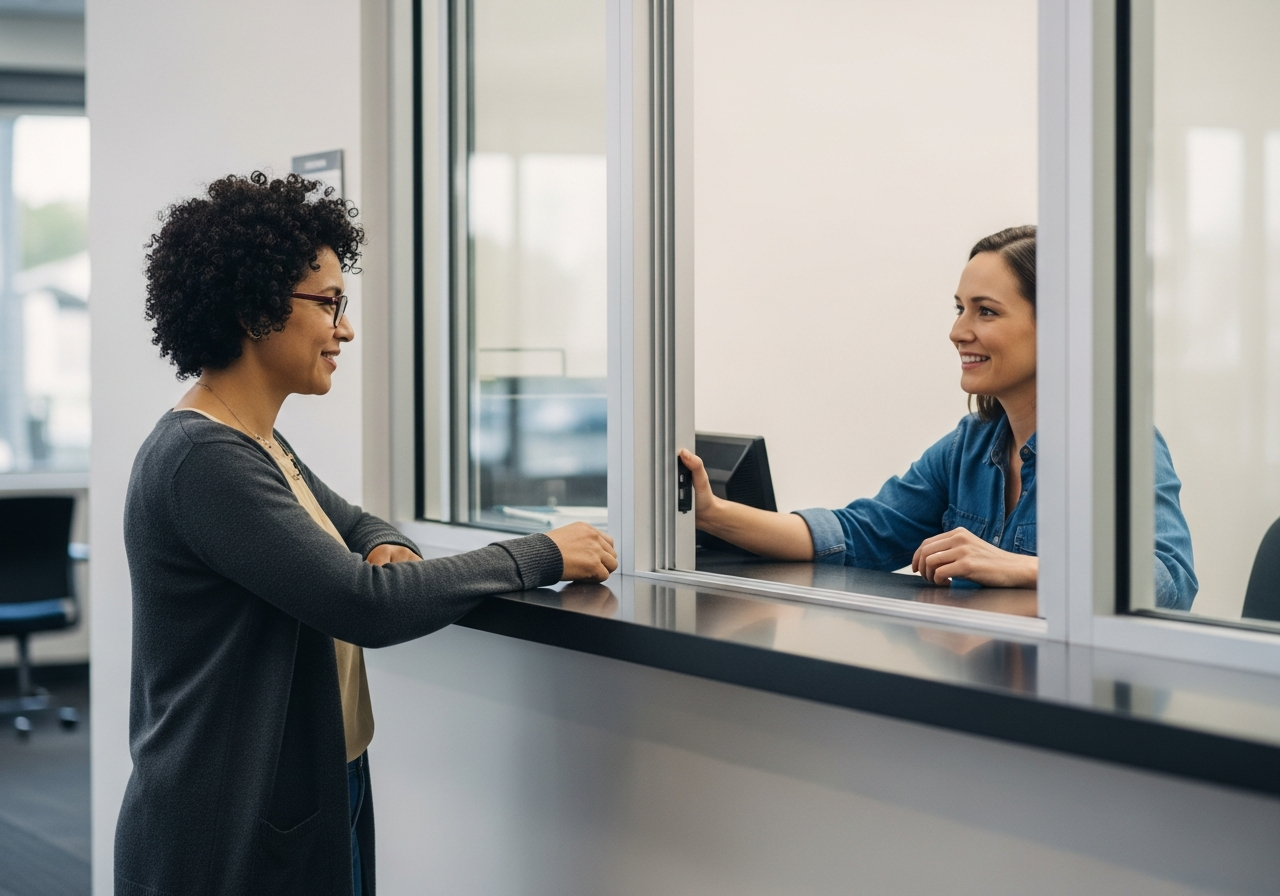 Person at a government office window being assisted by a staff member