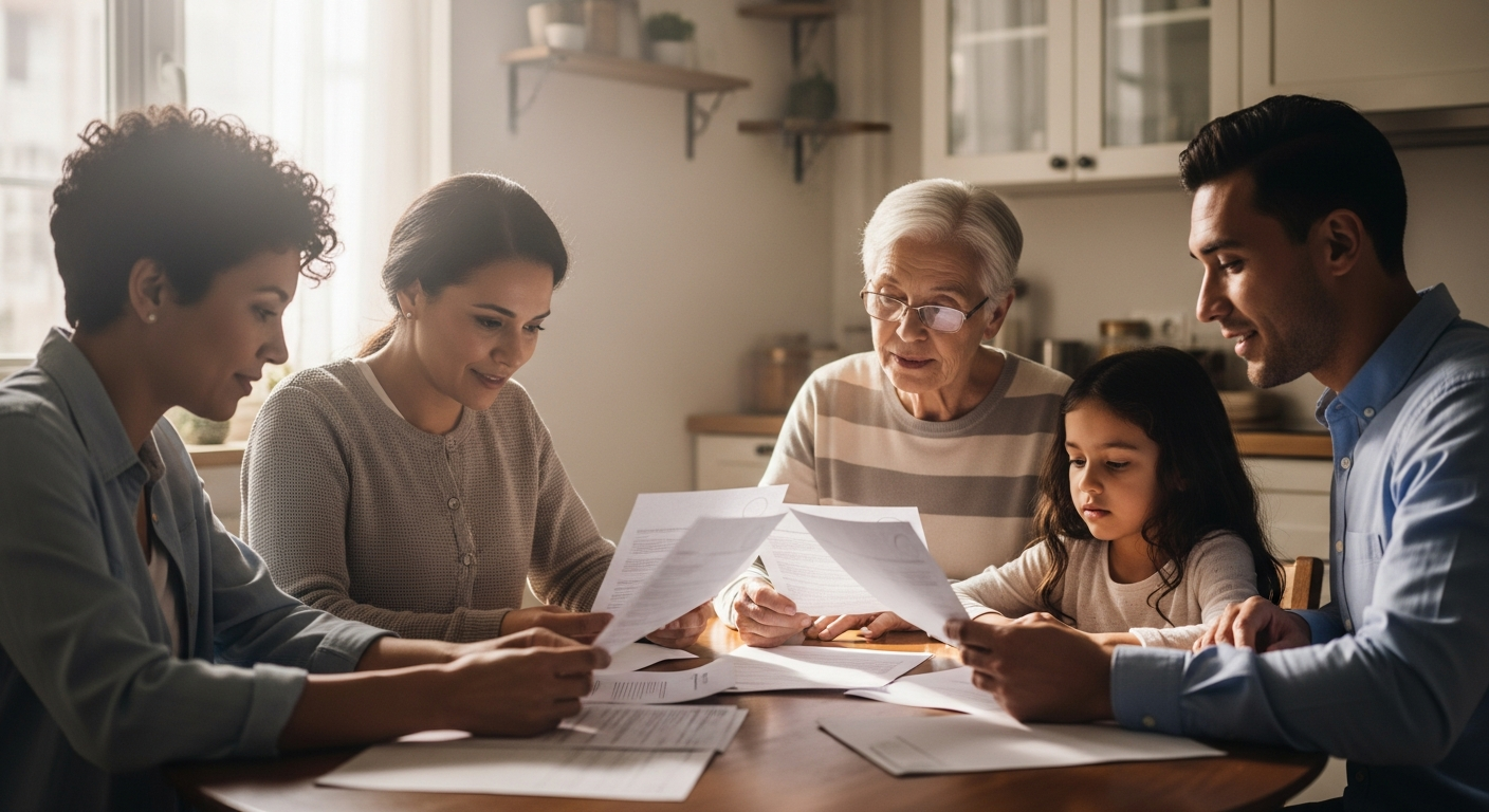 Diverse family reviewing important documents at a kitchen table with warm, hopeful expressions