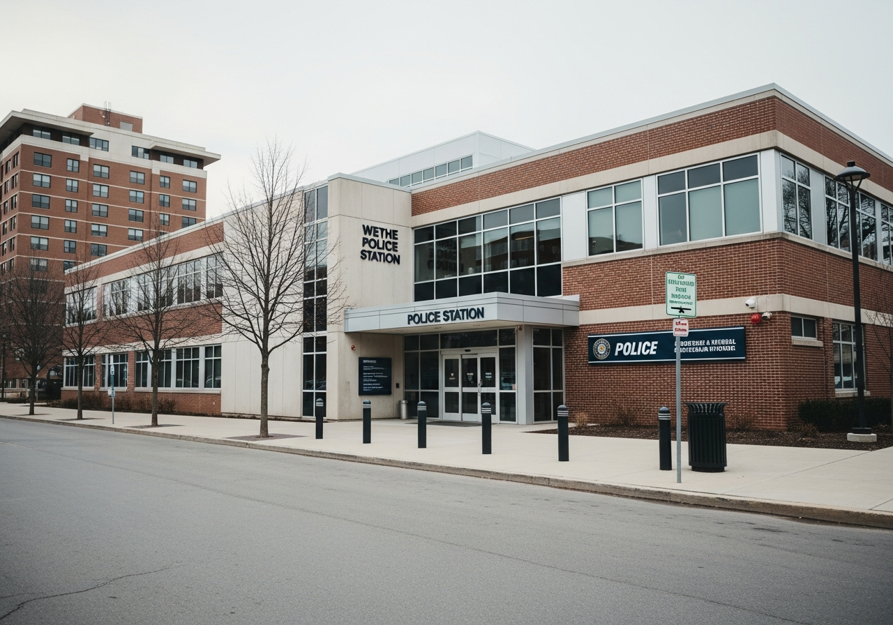A police station exterior on a quiet urban street on an overcast day