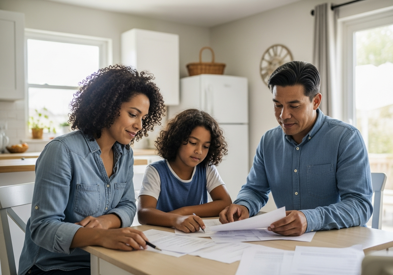 Diverse family seated together at a table reviewing paperwork in a bright home setting