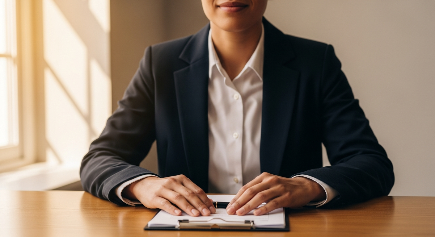 Person sitting calmly at a table with documents, expressing quiet resolve and hope