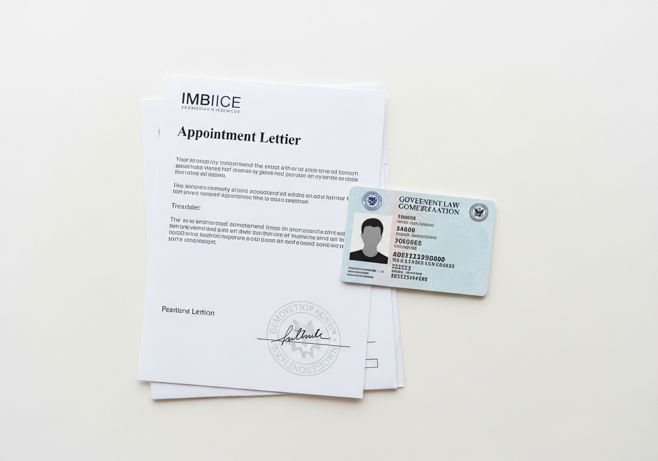 Organized documents and a photo ID laid out neatly on a table