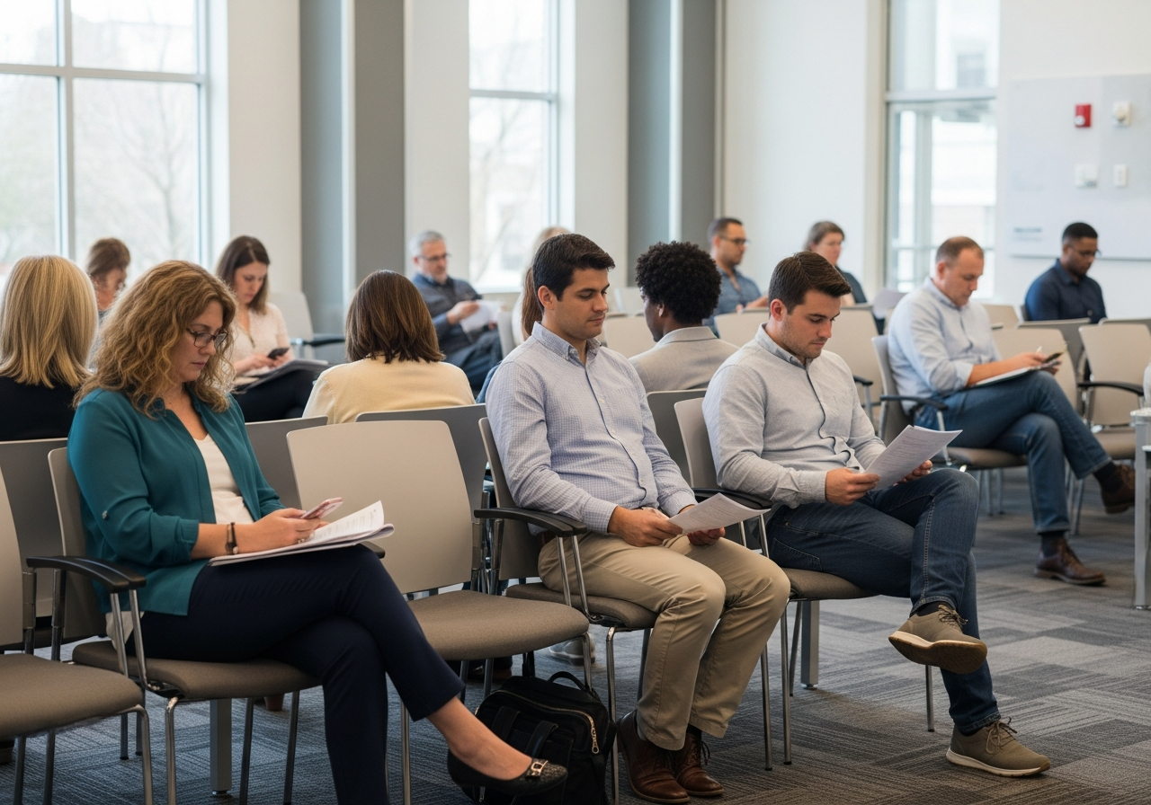 Diverse group of people seated calmly in a bright, modern waiting room