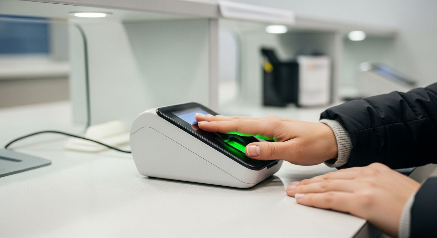 Person placing fingers on a digital fingerprint scanner at a government office