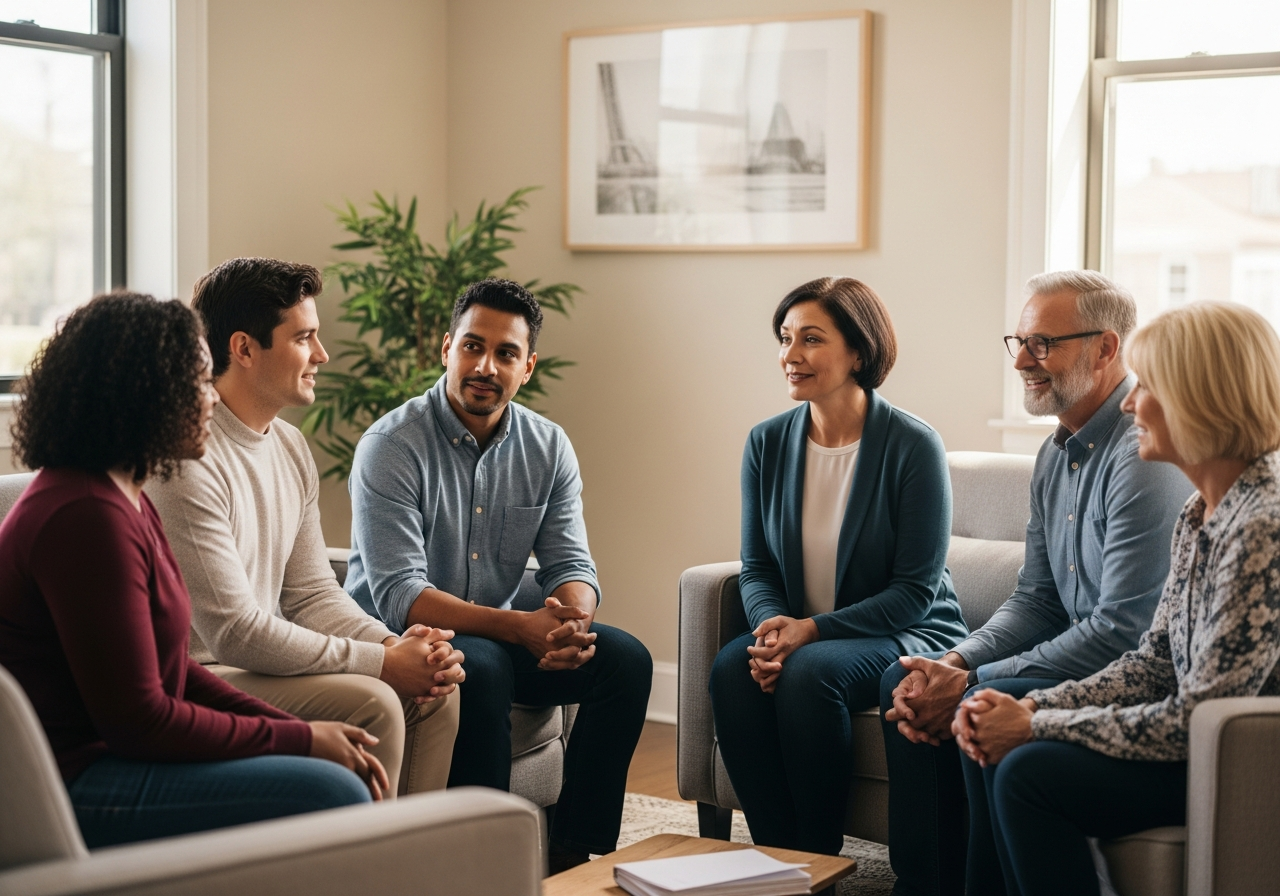 Diverse group of adults in a supportive community setting