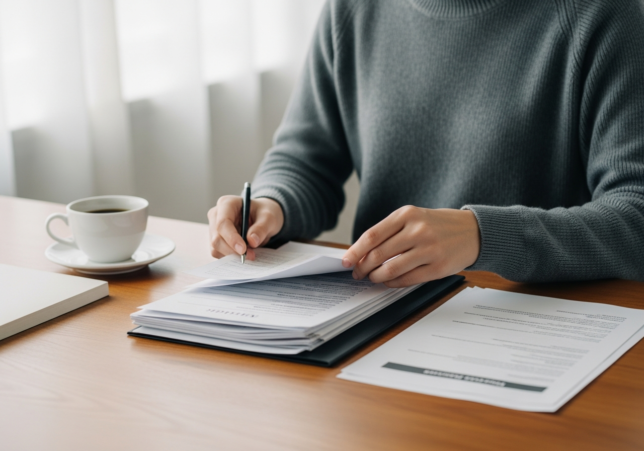 Person carefully organizing documents at a desk