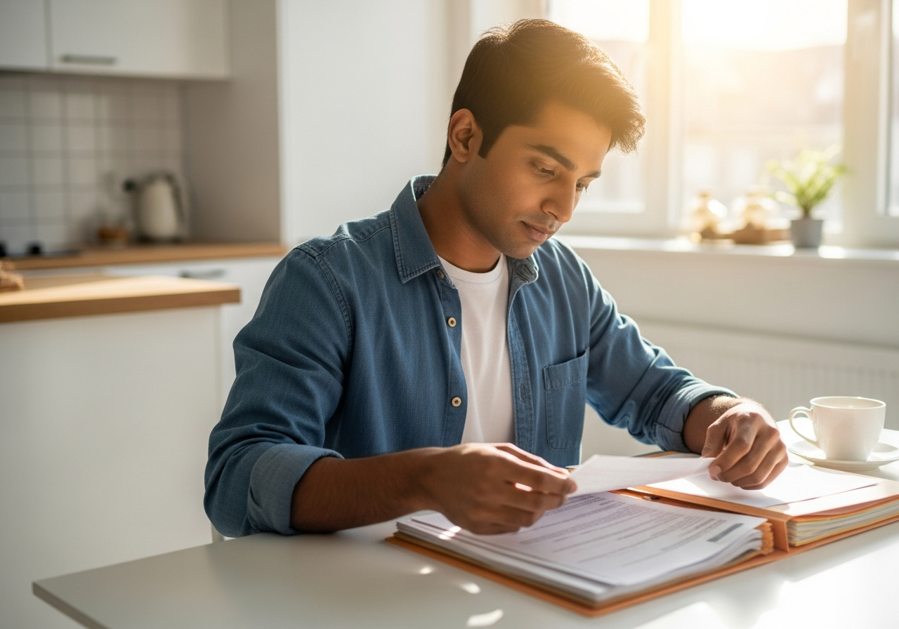 Person carefully reviewing and organizing documents at a kitchen table