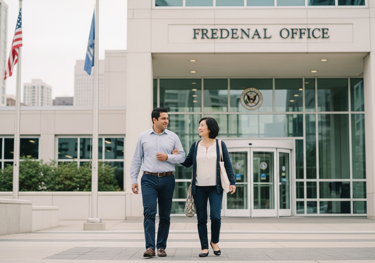 Two people walking through the entrance of a modern federal building in Chicago