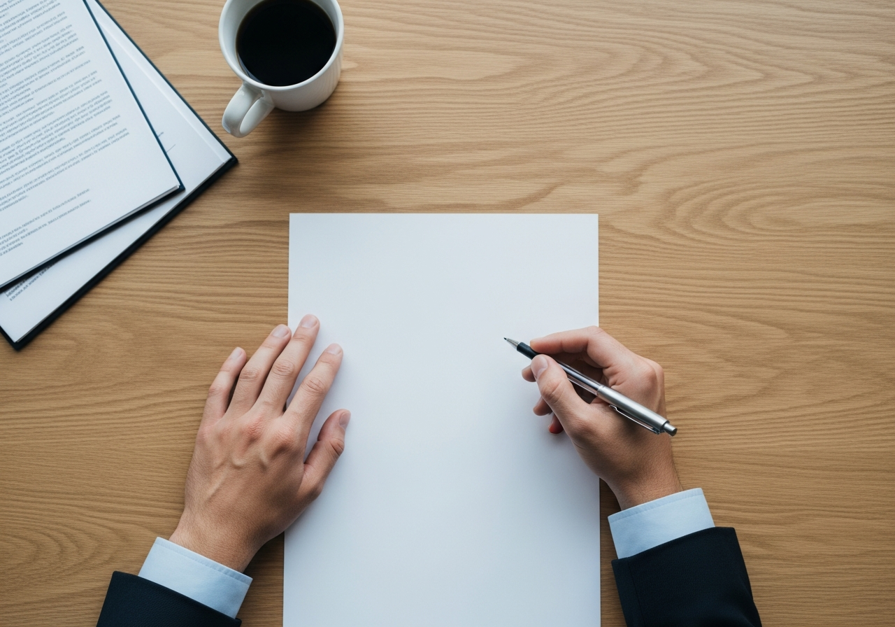 Close-up of hands completing a government form with a pen on a wooden table