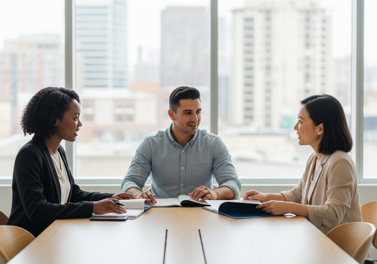 Diverse group of professionals in a modern Chicago co-working space collaborating at a table