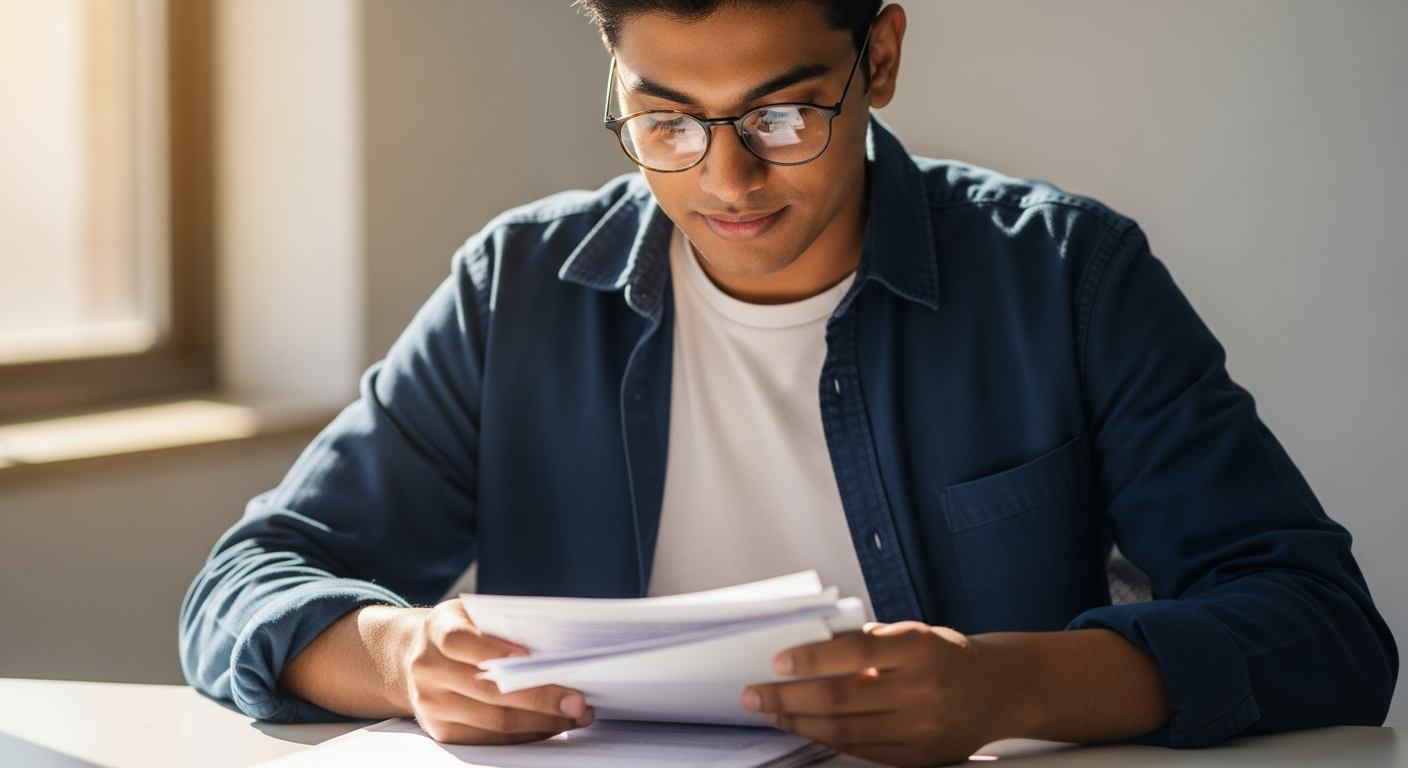 Person reviewing immigration documents at a clean desk in a bright modern office